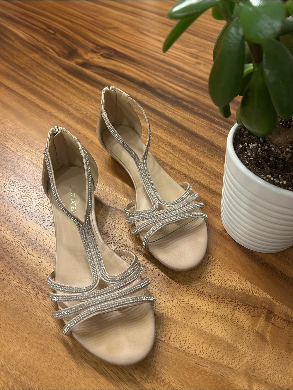 Chateau Nude/Tan Rhinestone T-Strap Sandals